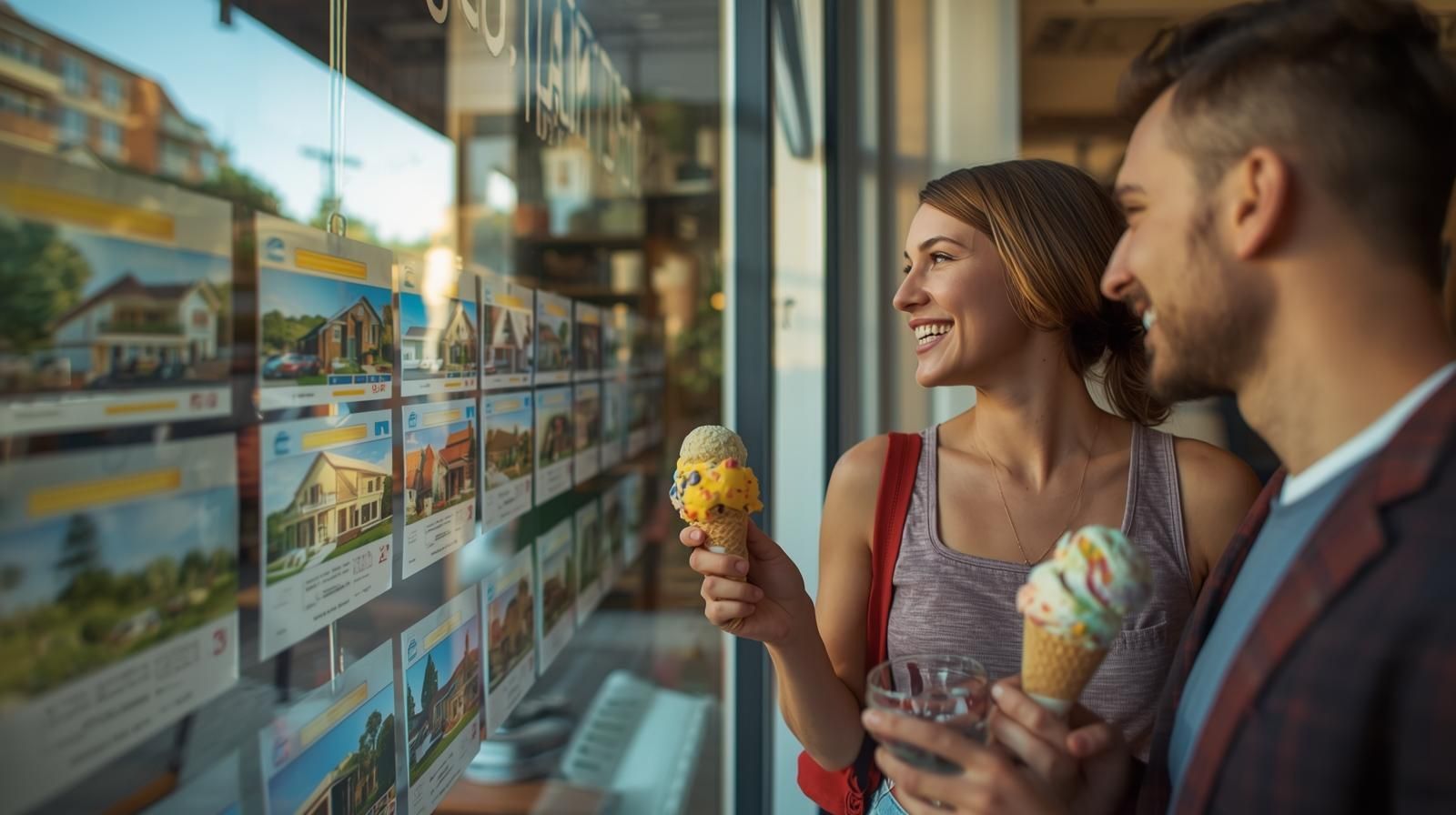A smiling couple with ice cream looking at real estate listings in a storefront window.