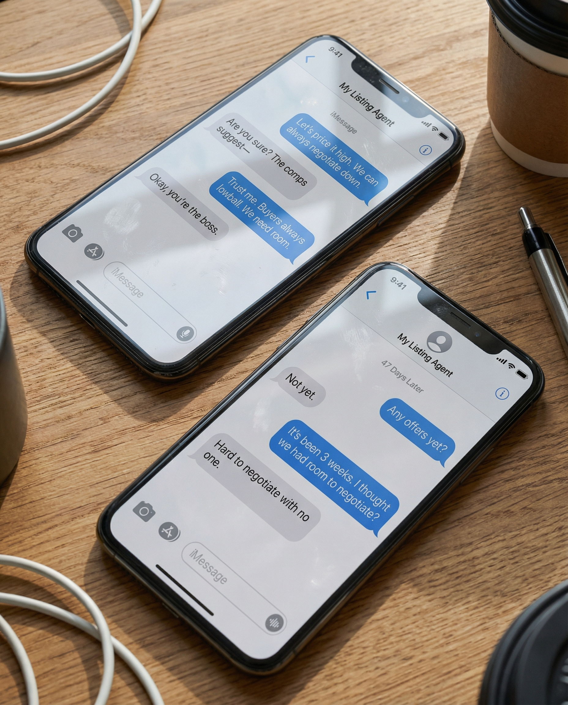 Two smartphones on a wooden table displaying text conversations. White cables, pen, and coffee cup visible.