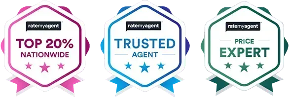 Three award badges: pink Top 20% Nationwide, blue Trusted Agent, and green Price Expert.