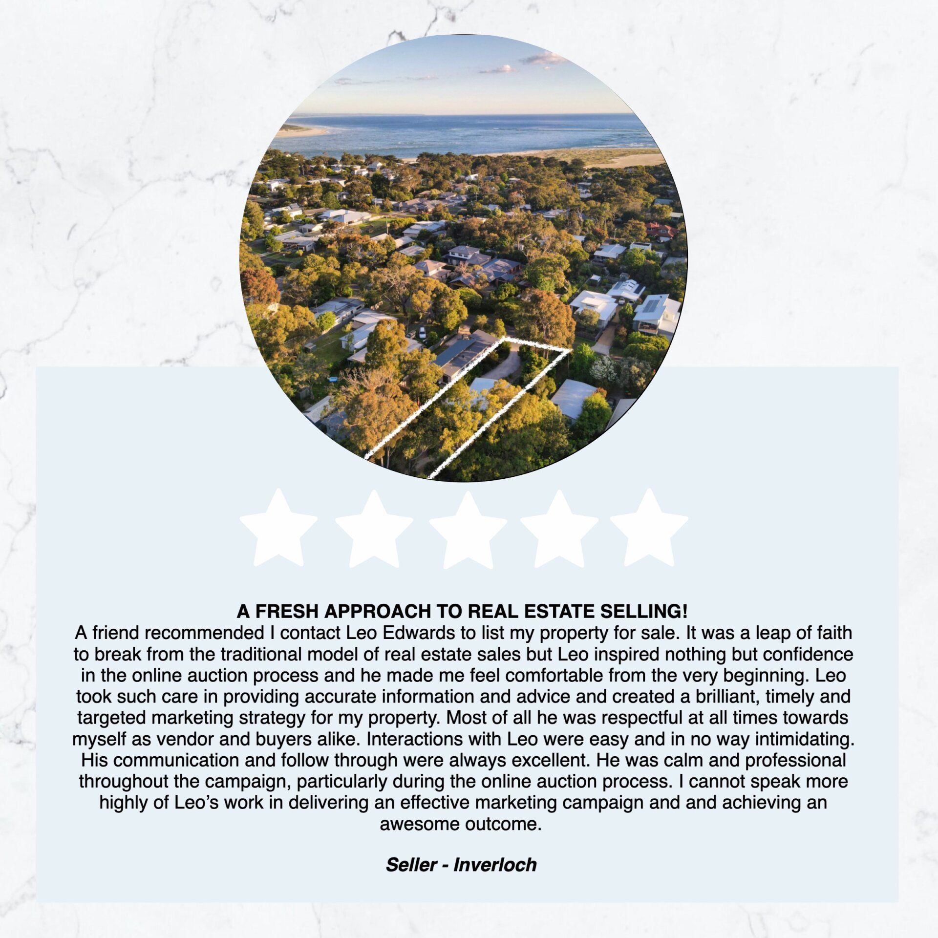 An aerial view of a residential area with a five star review.