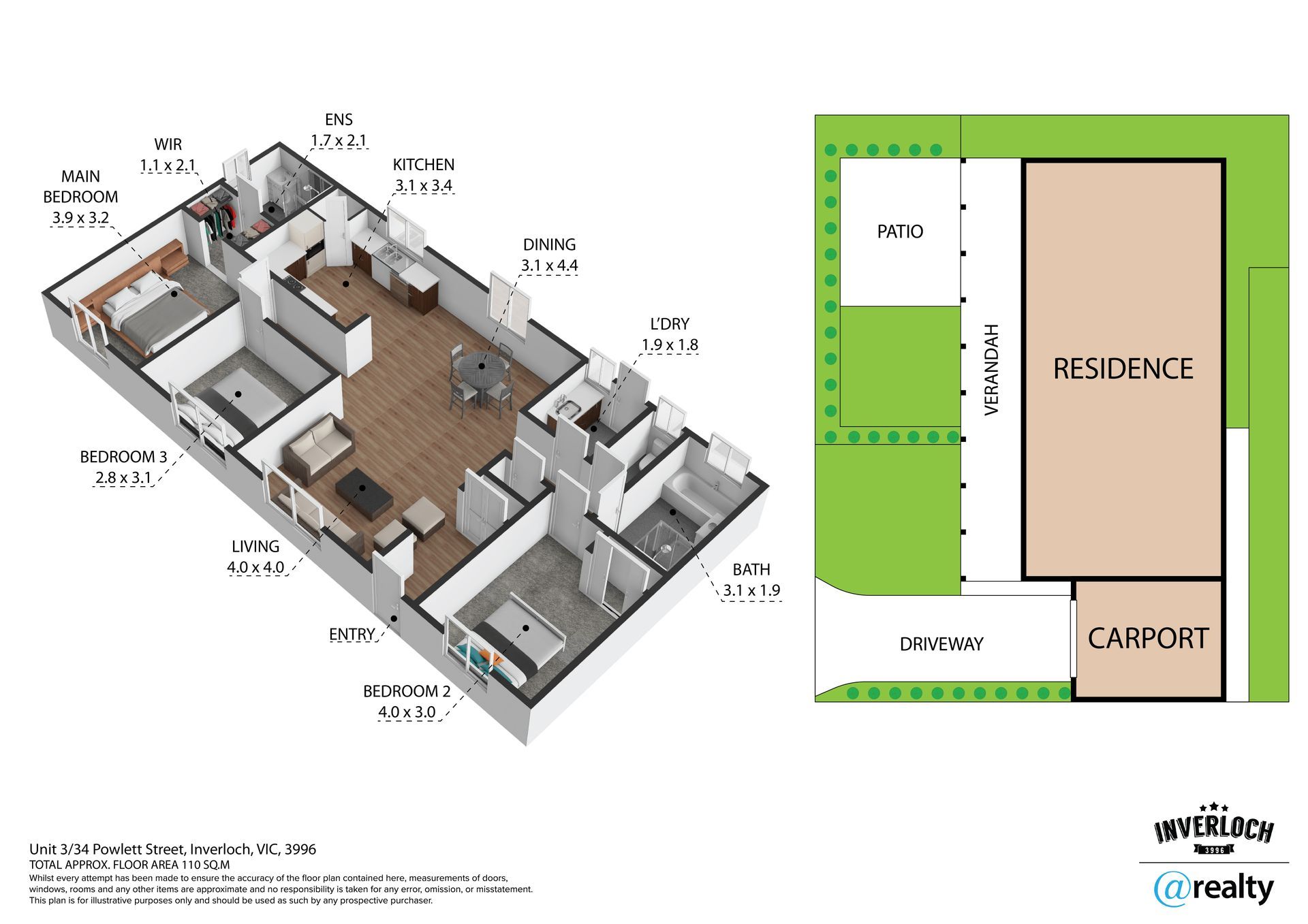 A 3d floor plan of a house with a carport.