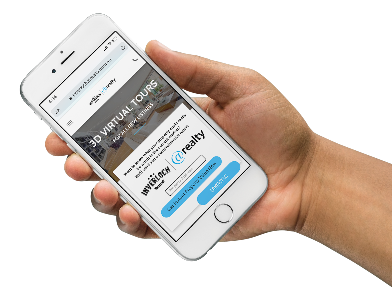 A hand is holding a phone that says 3d virtual tours on the screen