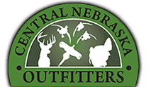 The logo for central nebraska outfitters shows a deer , duck , and dog.