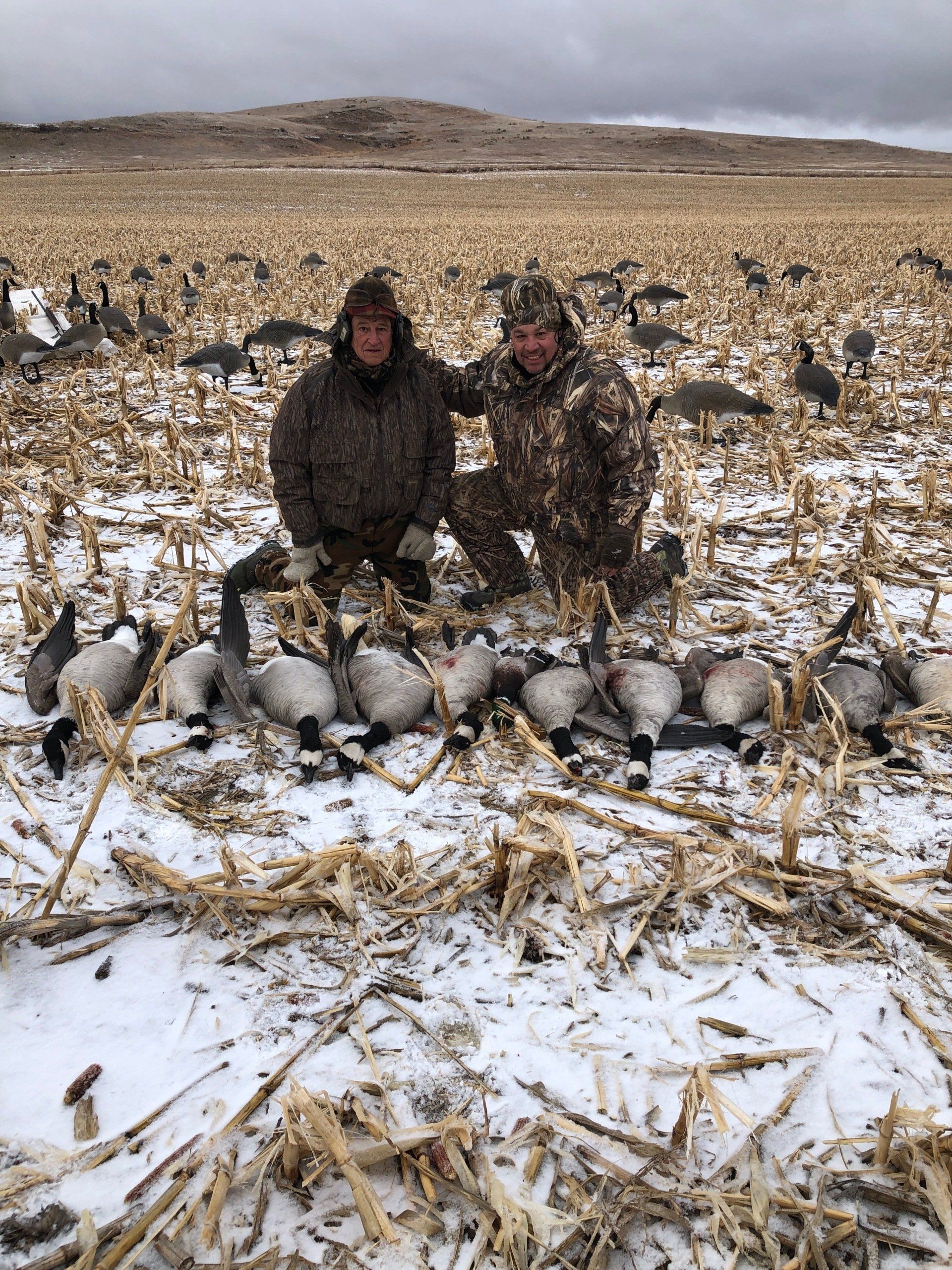 Two men are posing for a picture in a field of goose.