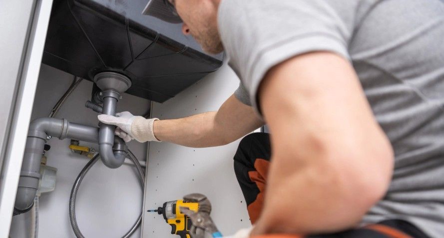 A man is fixing a sink in a bathroom with a drill.