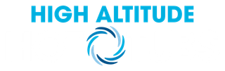 A logo for high altitude with a blue swirl on a white background.