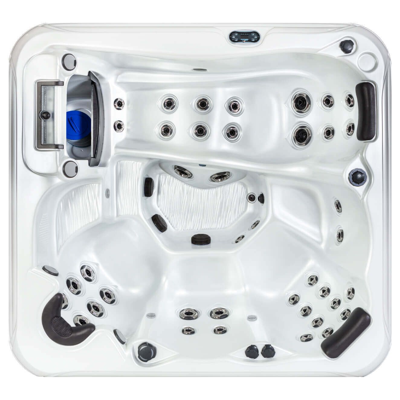 Overhead view of a white hot tub with multiple jet seats and controls.