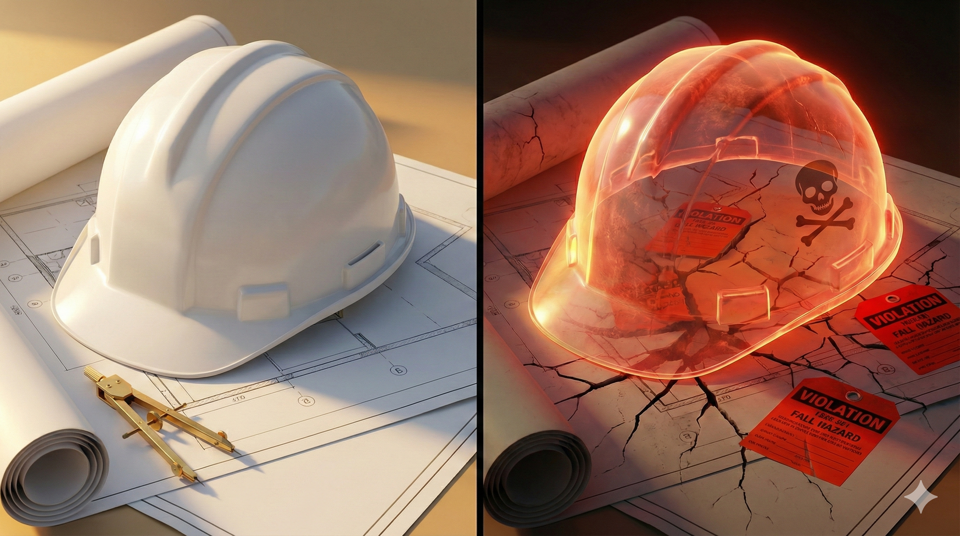Side-by-side image of a clean white hard hat resting on construction plans and tools, contrasted wit