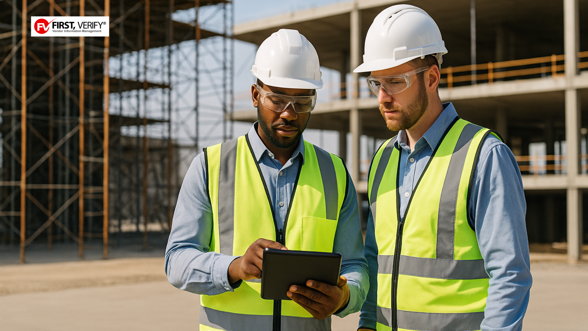 Construction worker reviewing contractor safety documentation.