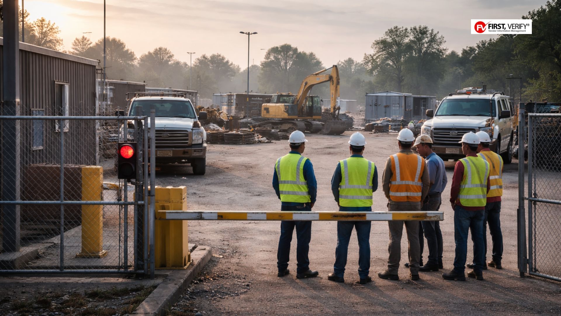 Contractors wearing hard hats and high-visibility vests wait at a controlled jobsite entrance with h