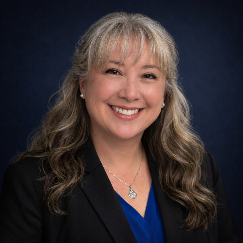 Erica Montefusco wearing a blue jacket and a pink shirt is smiling for the camera.