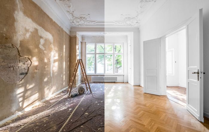 A before and after photo of a living room being remodeled.