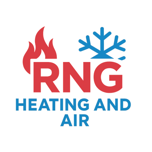 Logo for RNG Heating and Air: red flame and snowflake above the letters RNG, with blue text
