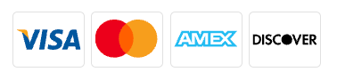 Payment methods: Visa, Mastercard, Amex, Discover credit cards.