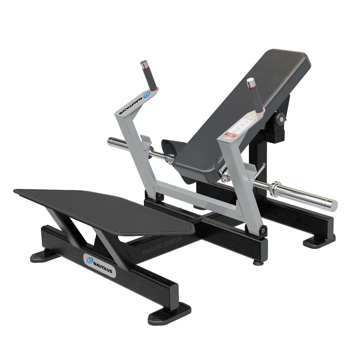Leg press machine in a gym, with a black and silver frame.