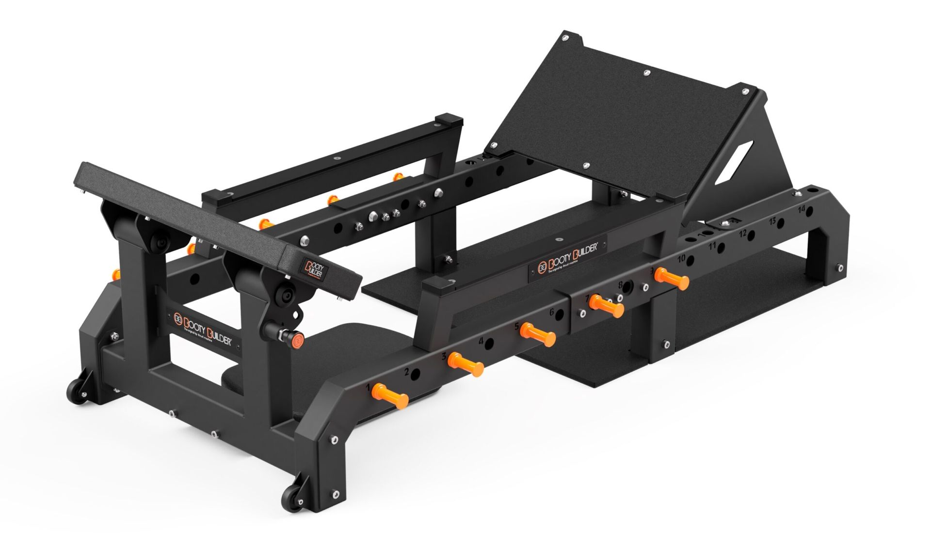 Black weightlifting machine with orange accents, designed for incline press exercises.