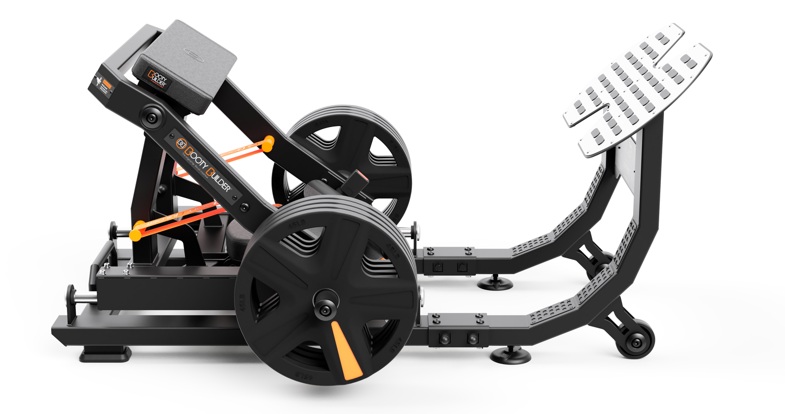 Black and orange weight machine for calf raises, with foot platforms and wheels.