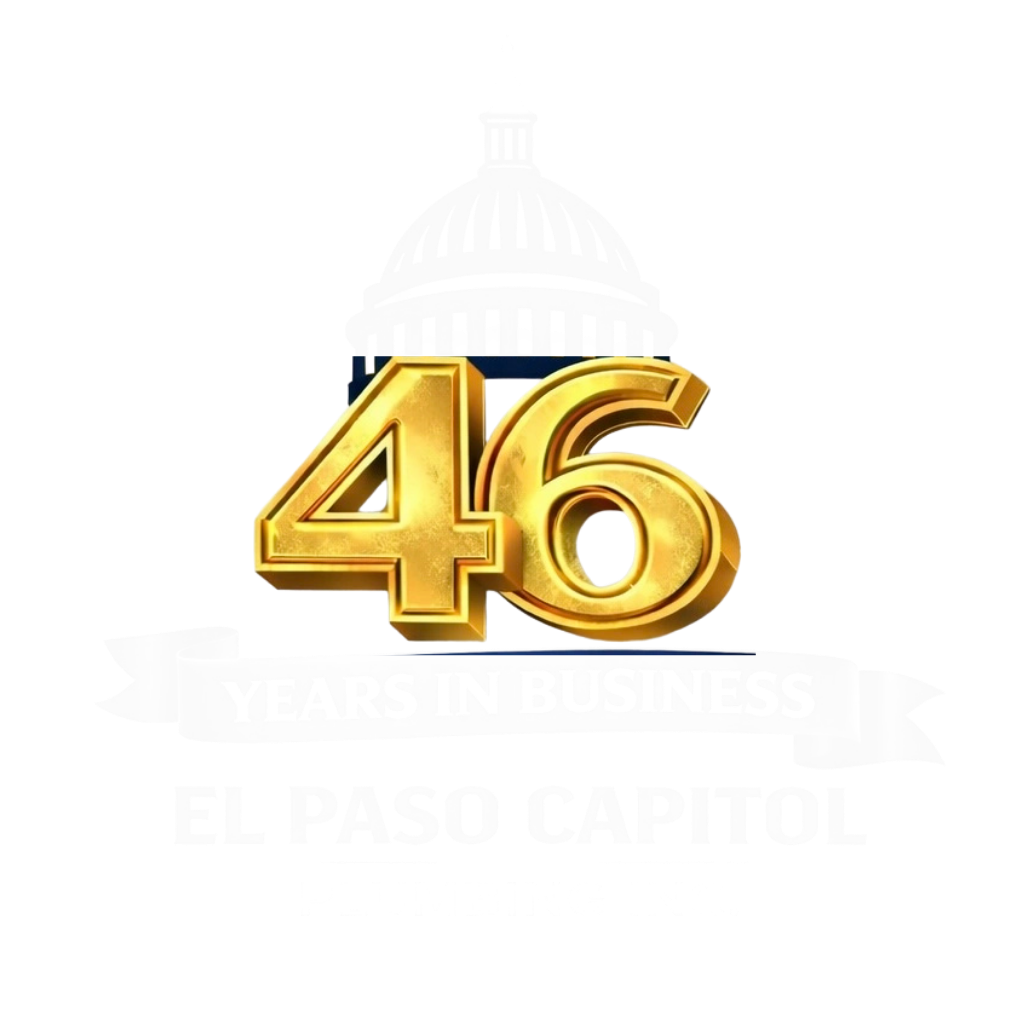 Hexagon logo with mountains, trees, and campfire in orange and blue. Company name is white.