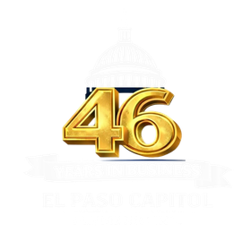 Hexagon logo with mountains, trees, and campfire in orange and blue.