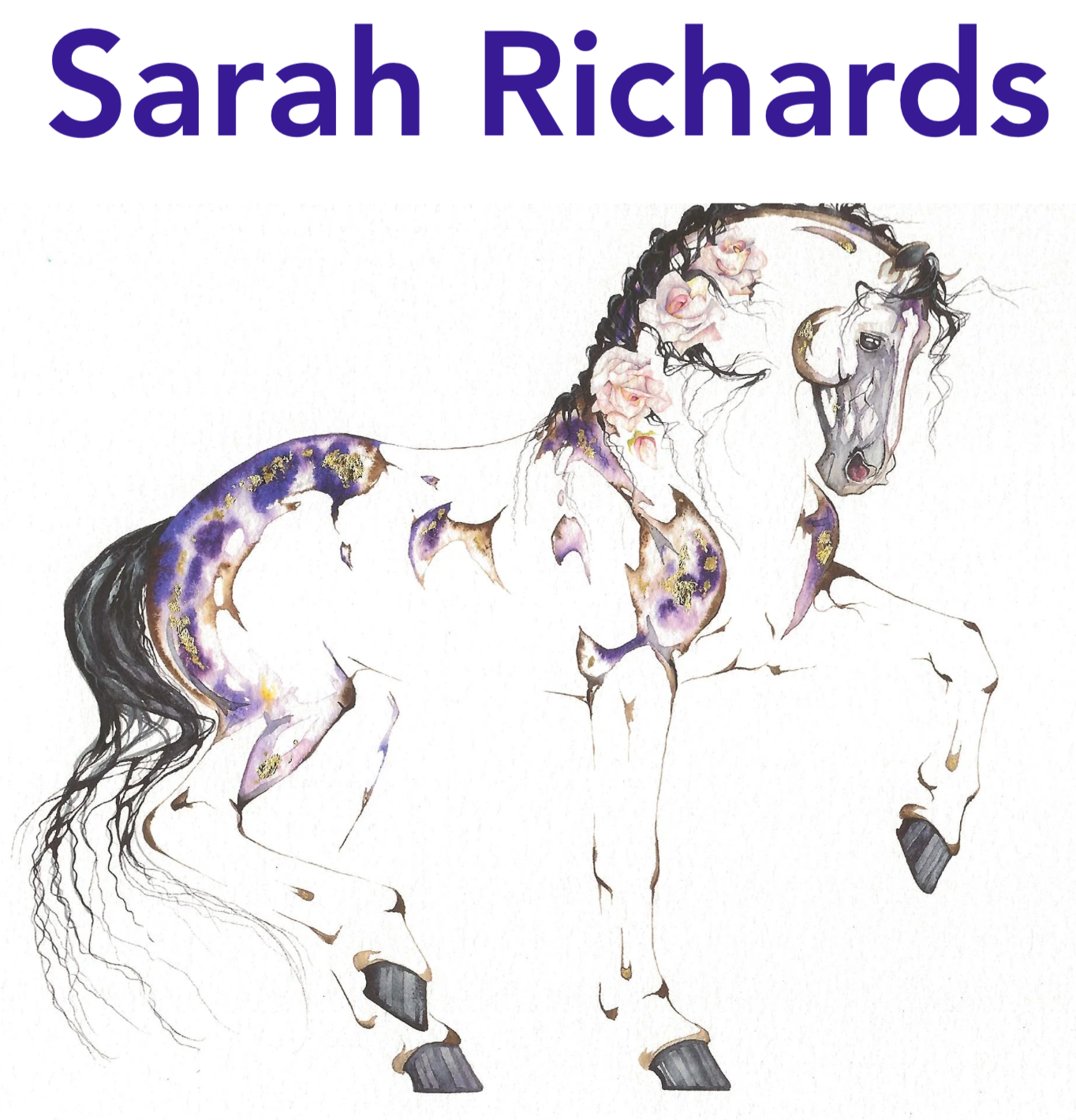 A painting of a white horse with purple spots and flowers.