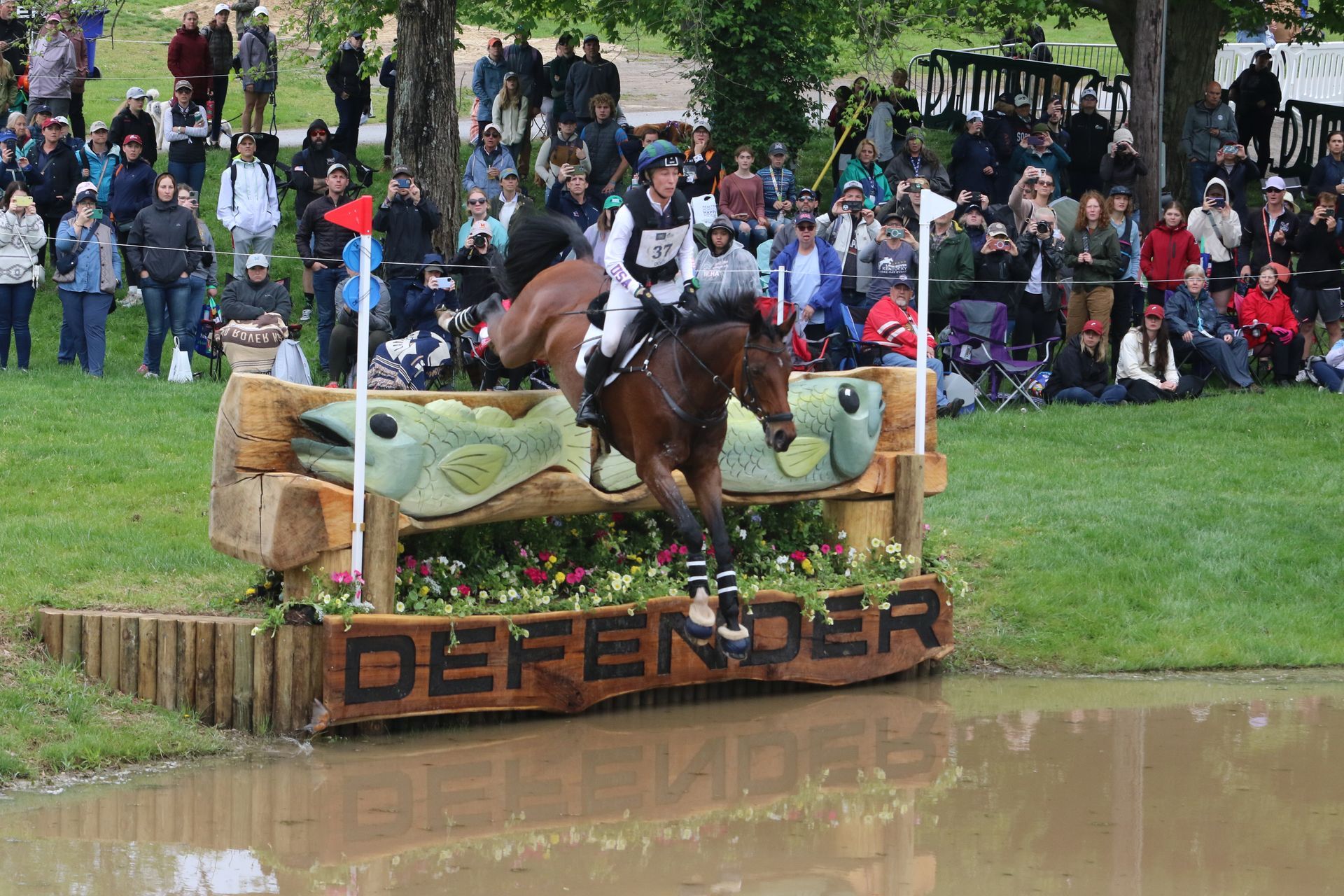 A horse is jumping over a wooden fence that says defender