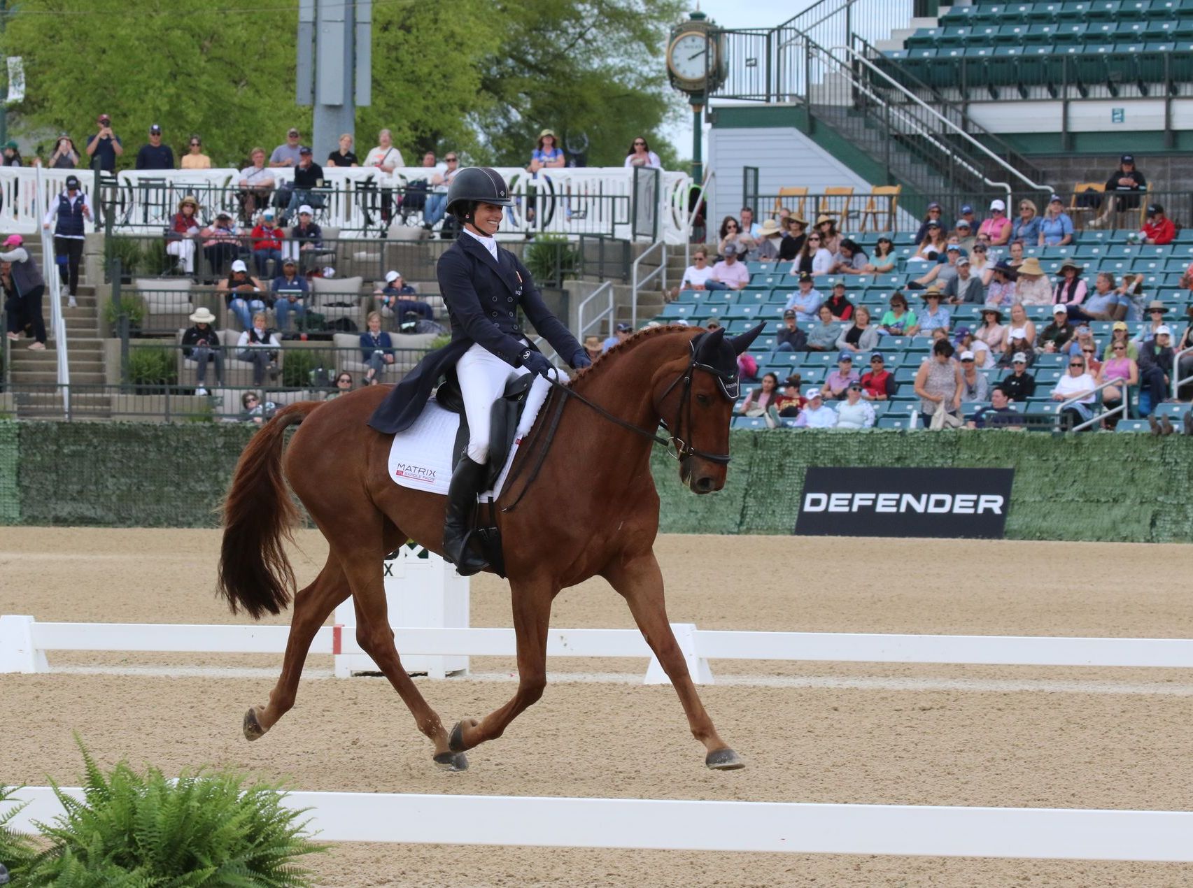 A woman is riding a brown horse in front of a defender sign