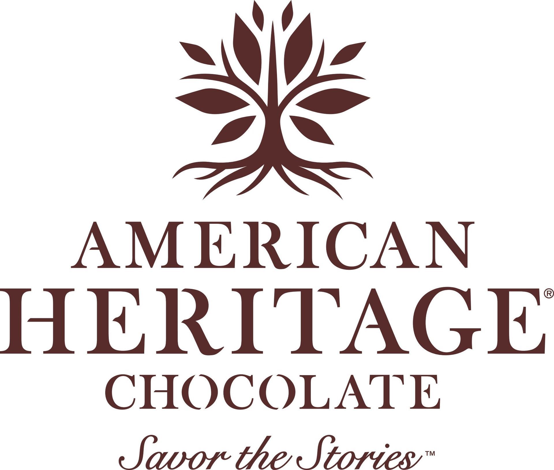 The logo for american heritage chocolate shows a tree with roots and leaves.