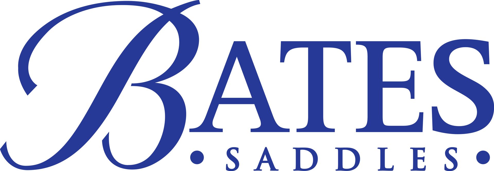 The logo for bates saddles is blue and white on a white background.