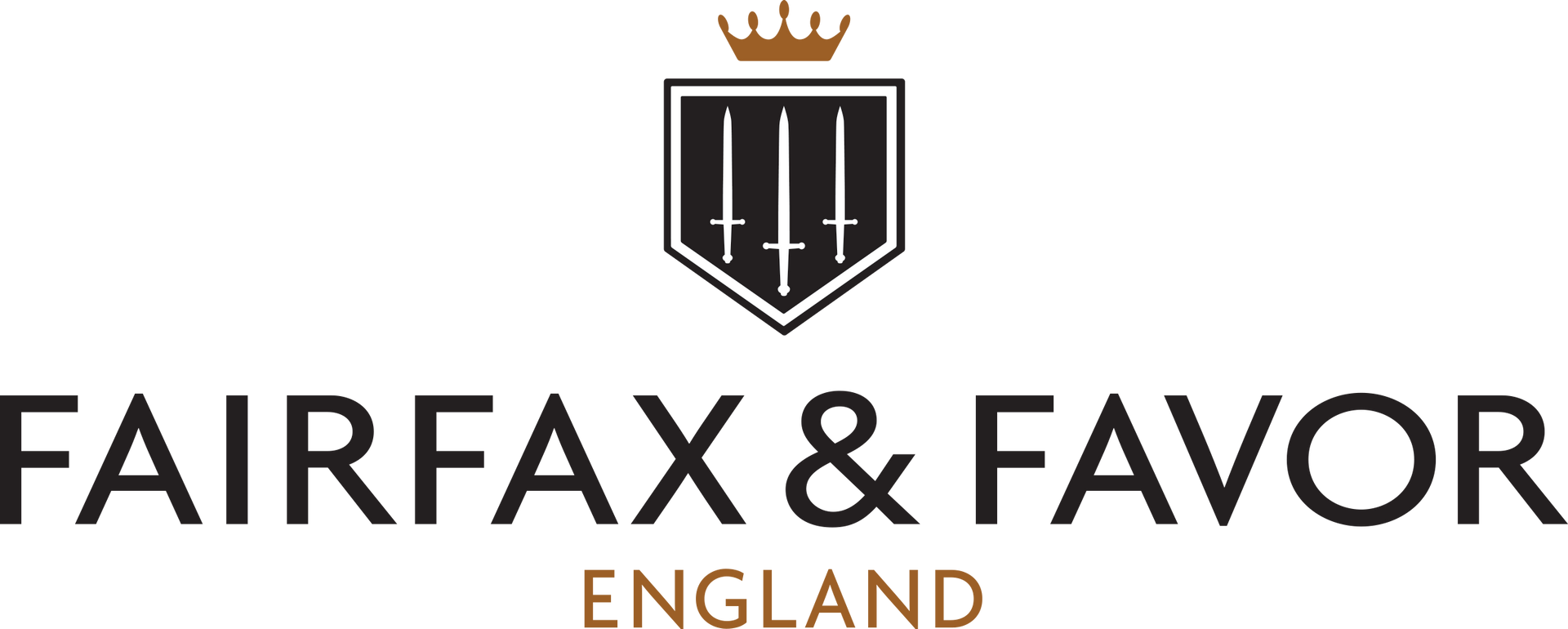 A logo for fairfax & favor england with a shield and a crown.