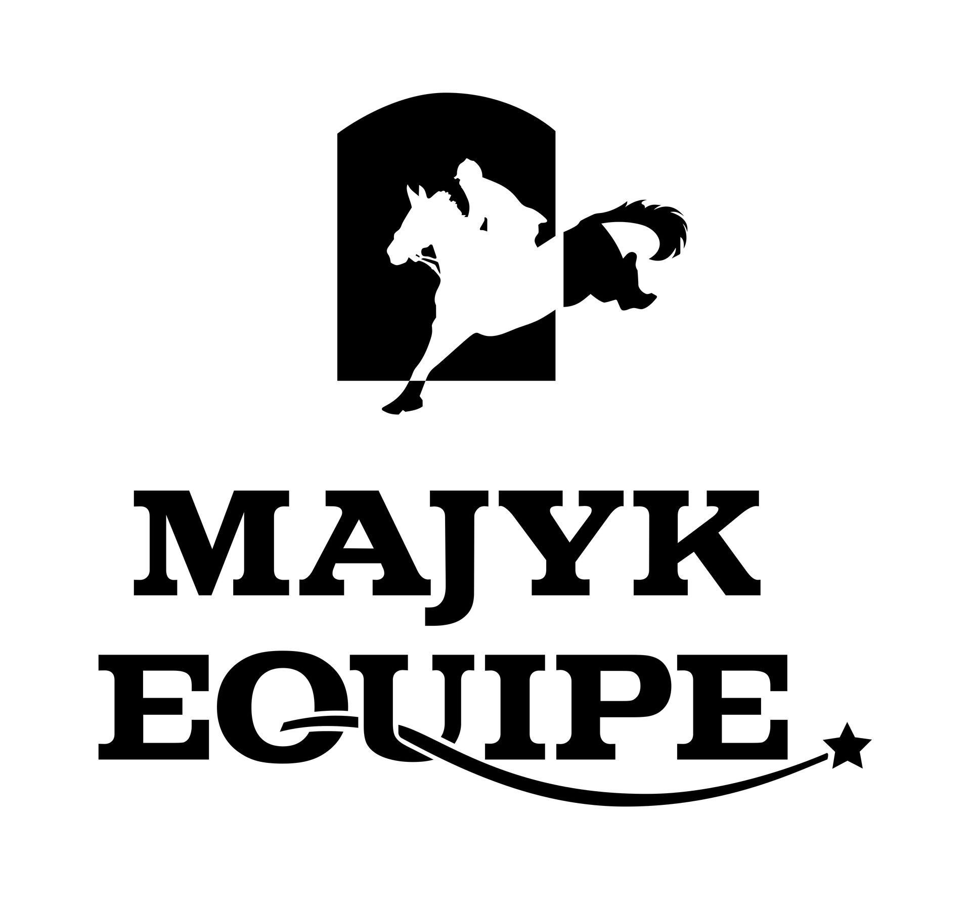 A black and white logo for majyk equipe with a horse and rider.