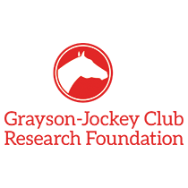 The logo for the grayson jockey club research foundation shows a horse 's head in a red circle.