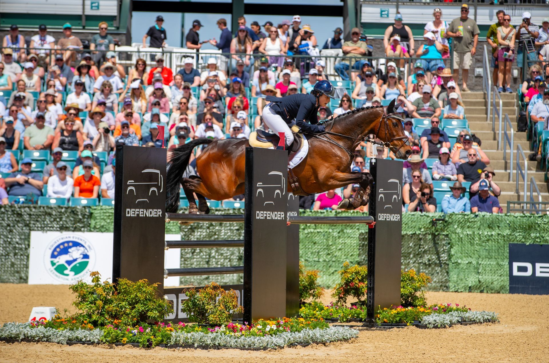 A man is riding a horse over a jump in front of a crowd.