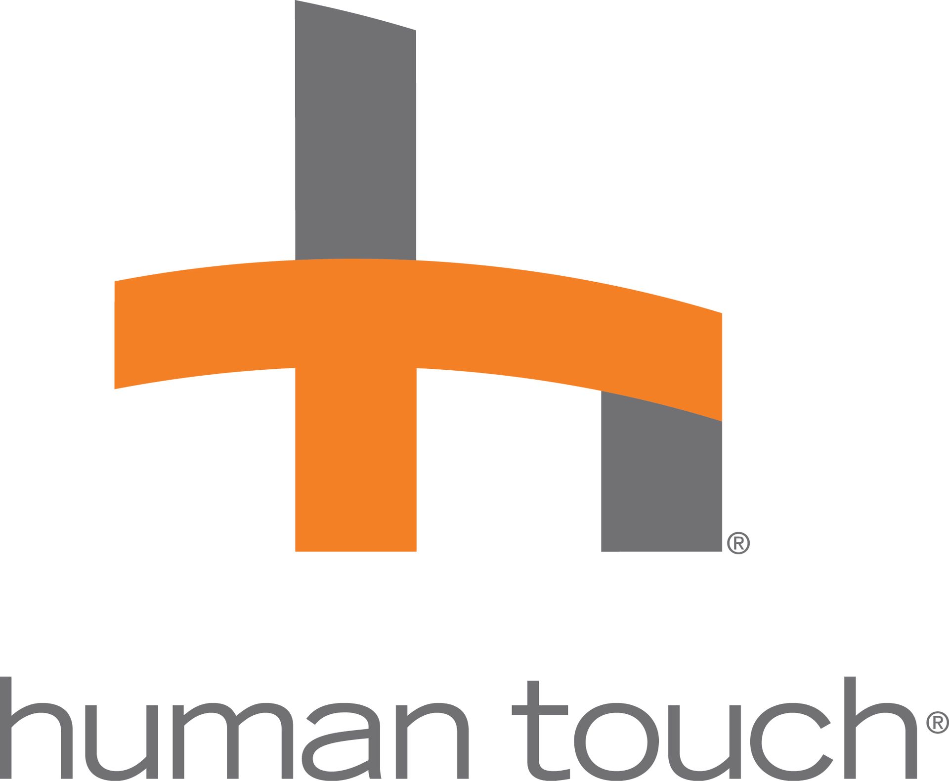 The logo for human touch is orange and gray with a cross in the middle.