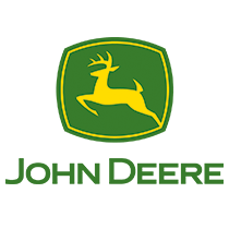 The john deere logo is green and yellow with a deer on it.