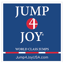 A blue sign that says jump 4 joy world class jumps