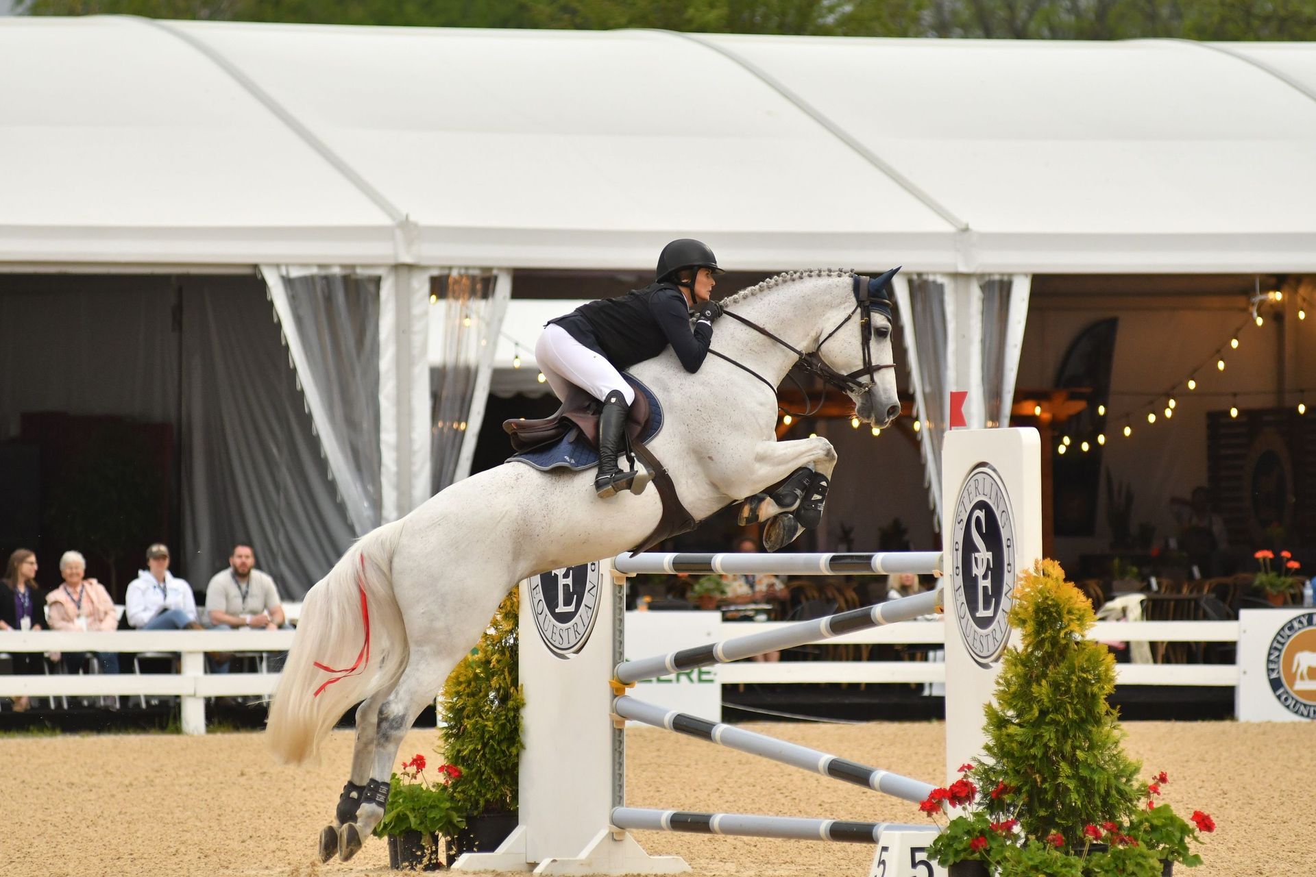 A person is riding a white horse over a jump.