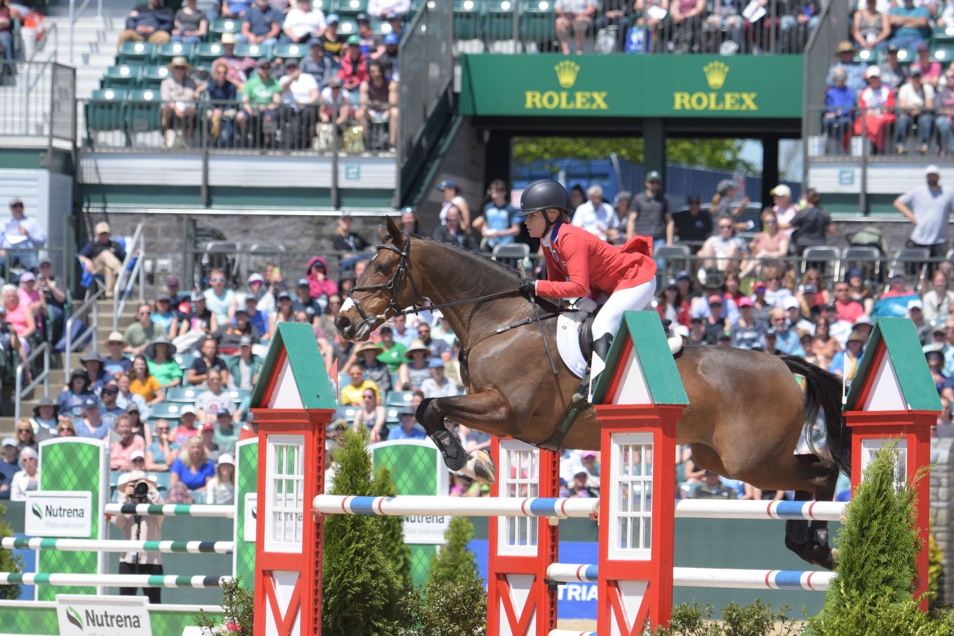 A man is riding a horse over a jump in front of a crowd.