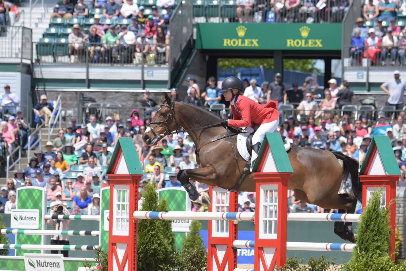 A man is riding a horse over a jump in front of a rolex sign.