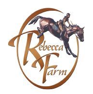 A logo for rebecca farm with a statue of a man riding a horse.