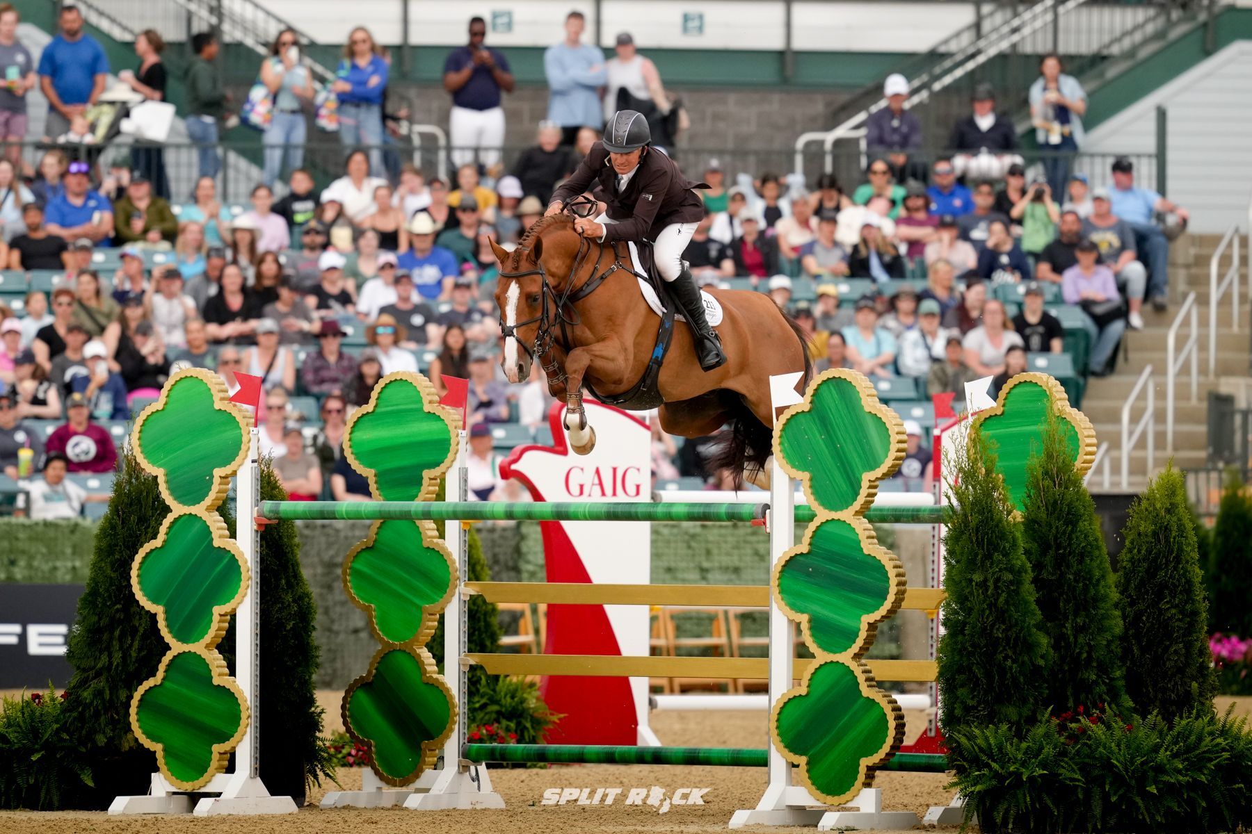 A person is riding a horse over a hurdle in front of a crowd.