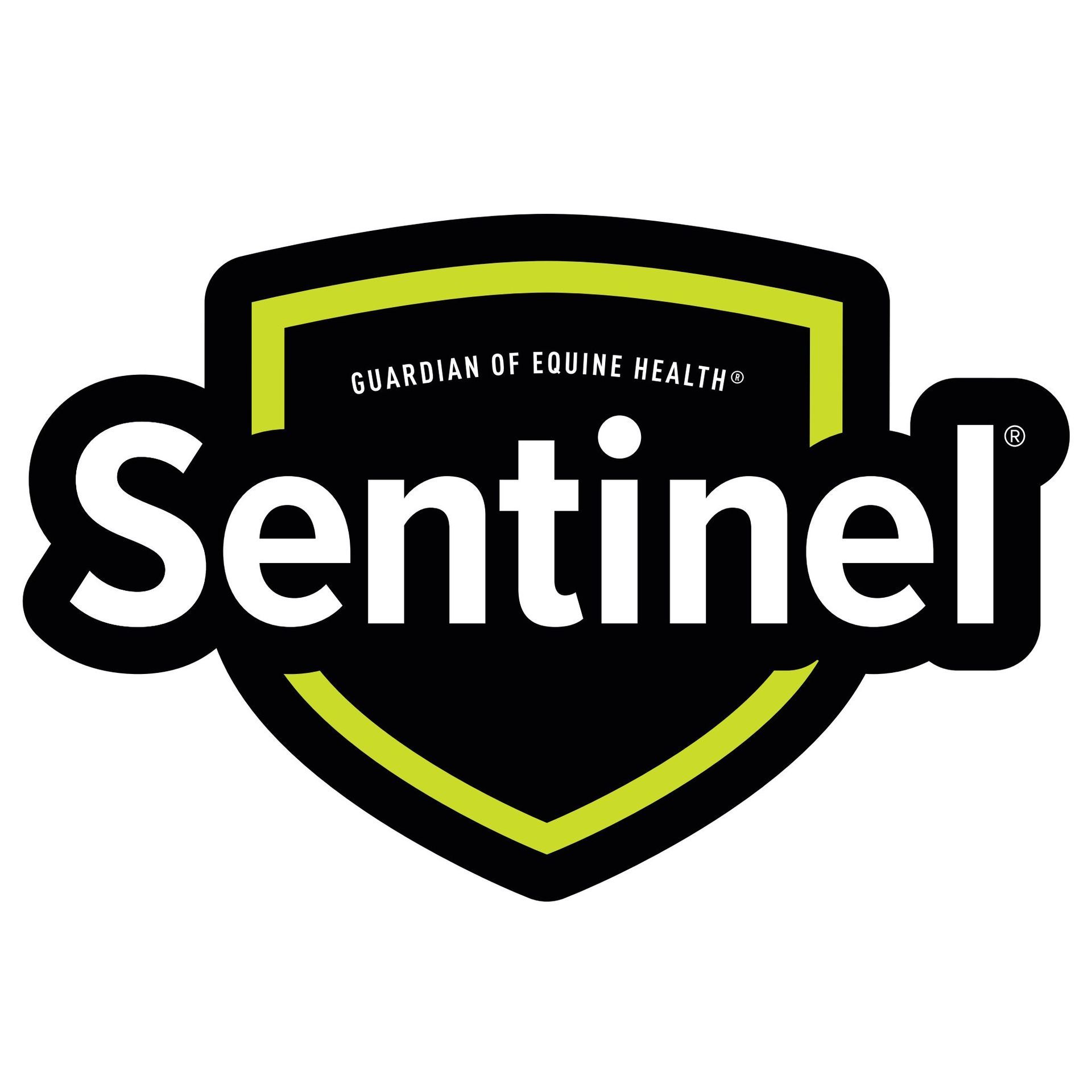 The logo for guardian of equine health is a shield with the word sentinel on it.