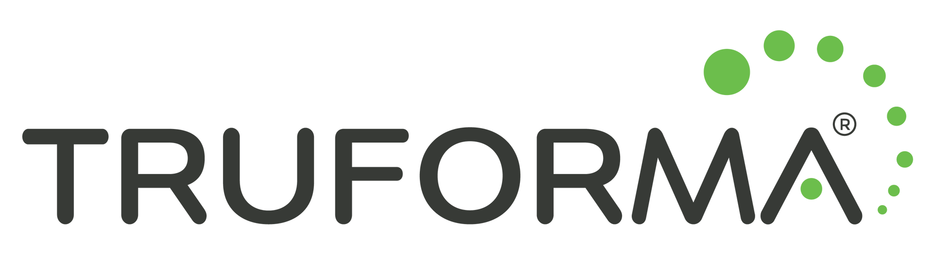 A logo for a company called truforma with green dots on a white background.