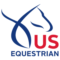 A blue and red logo for us equestrian with a horse head