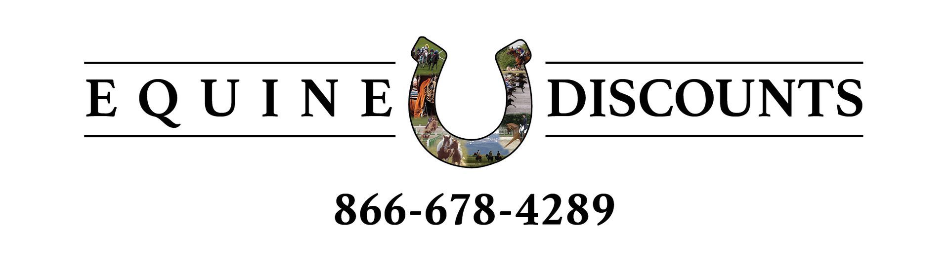 A logo for equine discounts with a horseshoe and a phone number