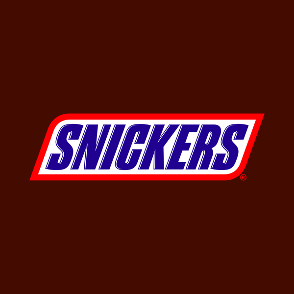 The snickers logo is on a brown background