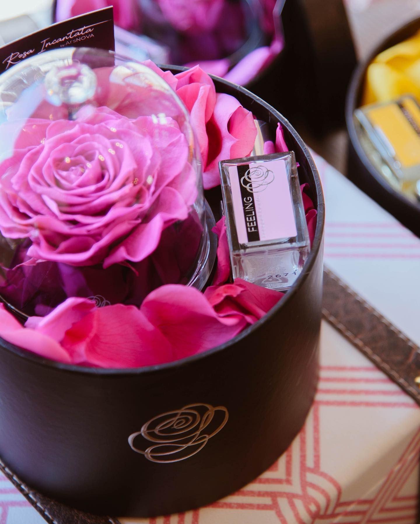 Primo piano di una scatola regalo nera con una rosa rosa in una cupola di vetro e una piccola bottiglia di profumo.