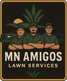 The logo for MN Amigos LLC shows three people pushing a lawn mower