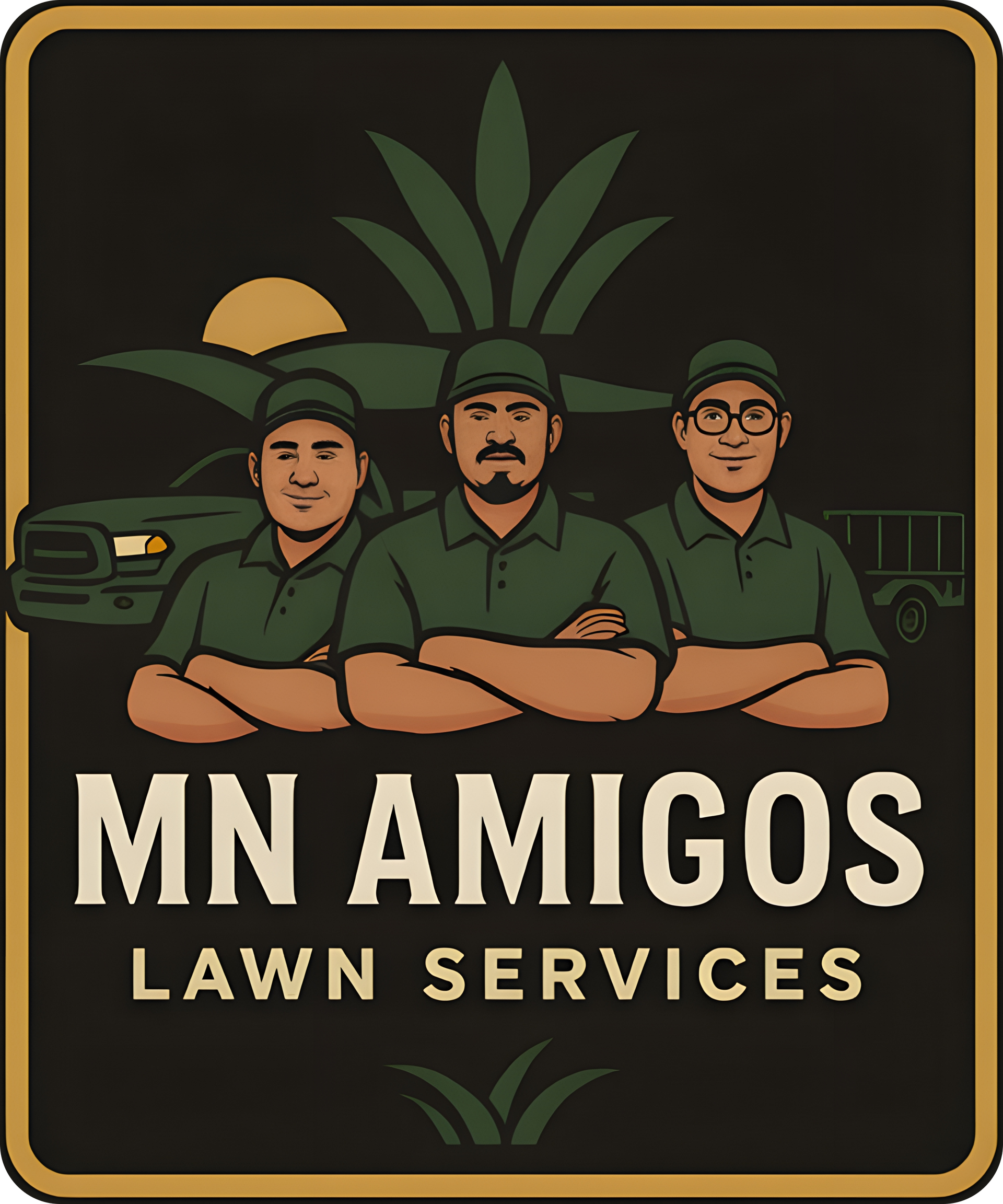 The logo for MN Amigos LLC shows three people pushing a lawn mower