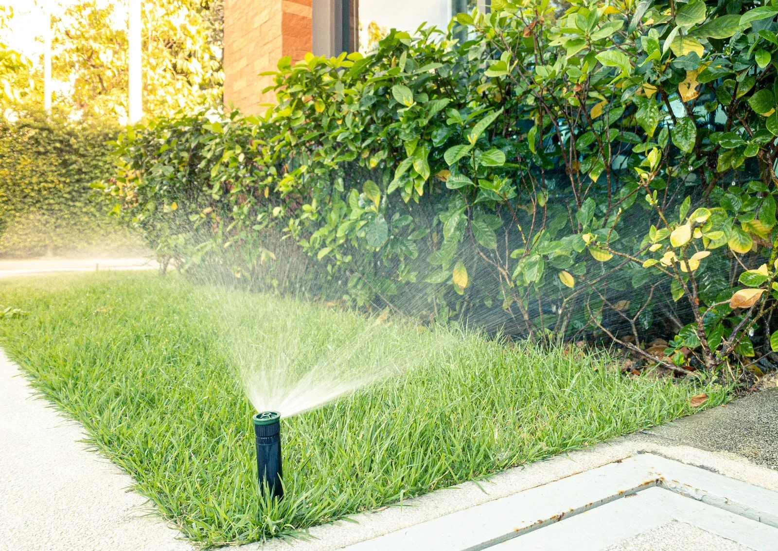 A lawn sprinkler is spraying water on a lush green lawn.