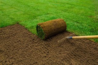 A roll of sod is sitting on top of a pile of dirt next to a rake.